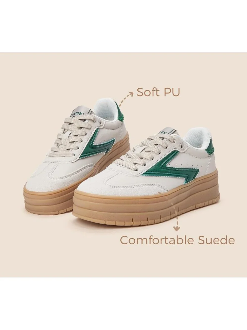 🆕Women's White Green Platform Sneakers Gum Thick Sole Tennis Walking Shoes